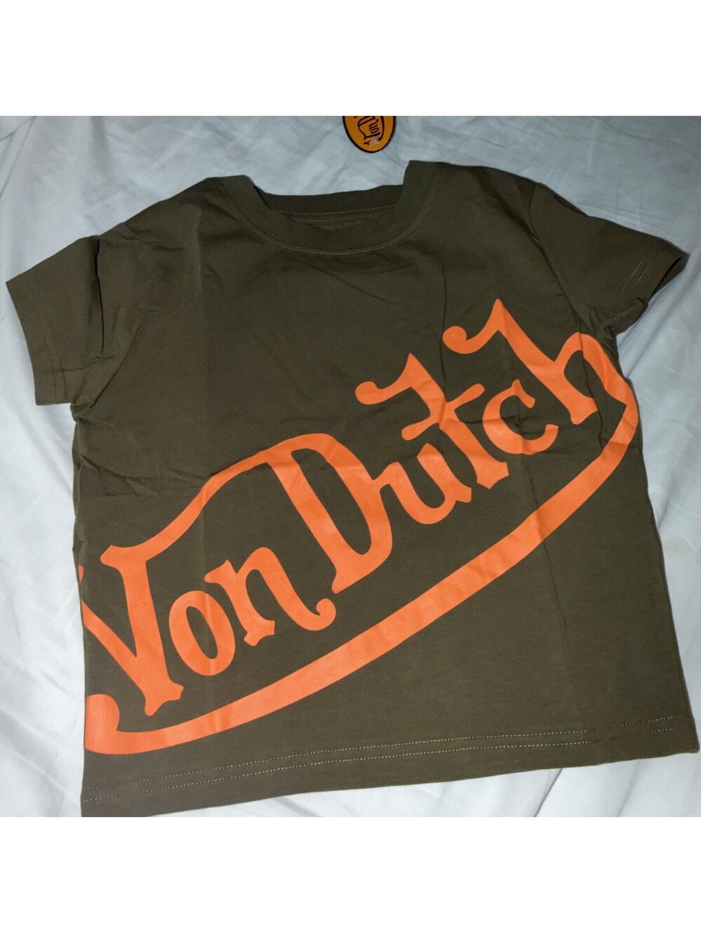 Von Dutch T-Shirt (Size M). Brownishgreen/ orange
